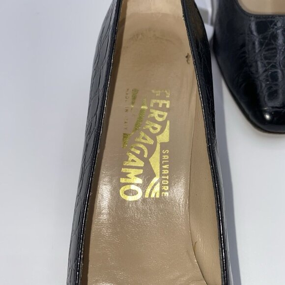 Salvatore Ferragamo Black Leather Croc Print Low Block Heel Slip-On 7.5AA Shoes - Picture 8 of 16